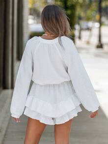 EMERY ROSE Women's Solid Color V-Neck Raglan Sleeve Ruffle Hem Jumpsuit - White - View 4