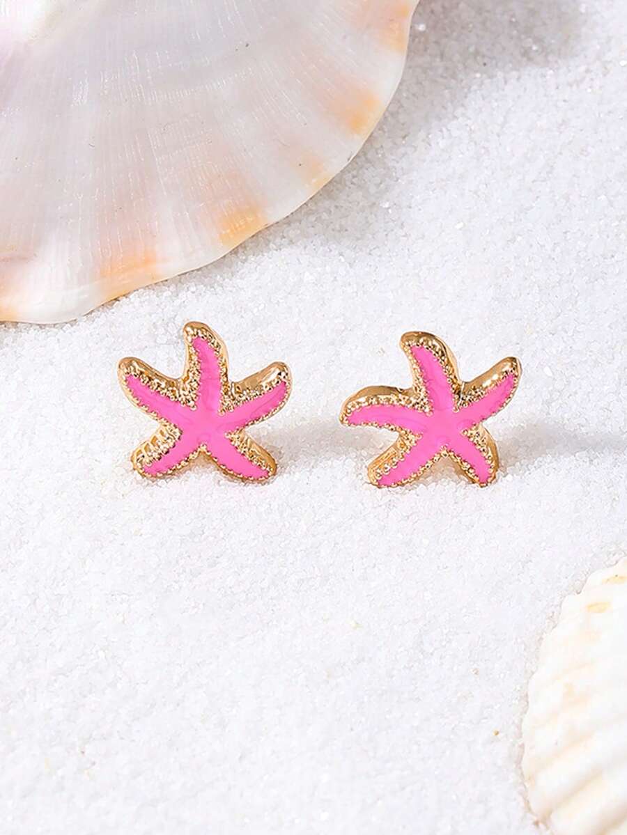 1 对粉色海星油滴耳环，海洋元素耳环，适合女性海滩度假 - 彩色 - 查看 1