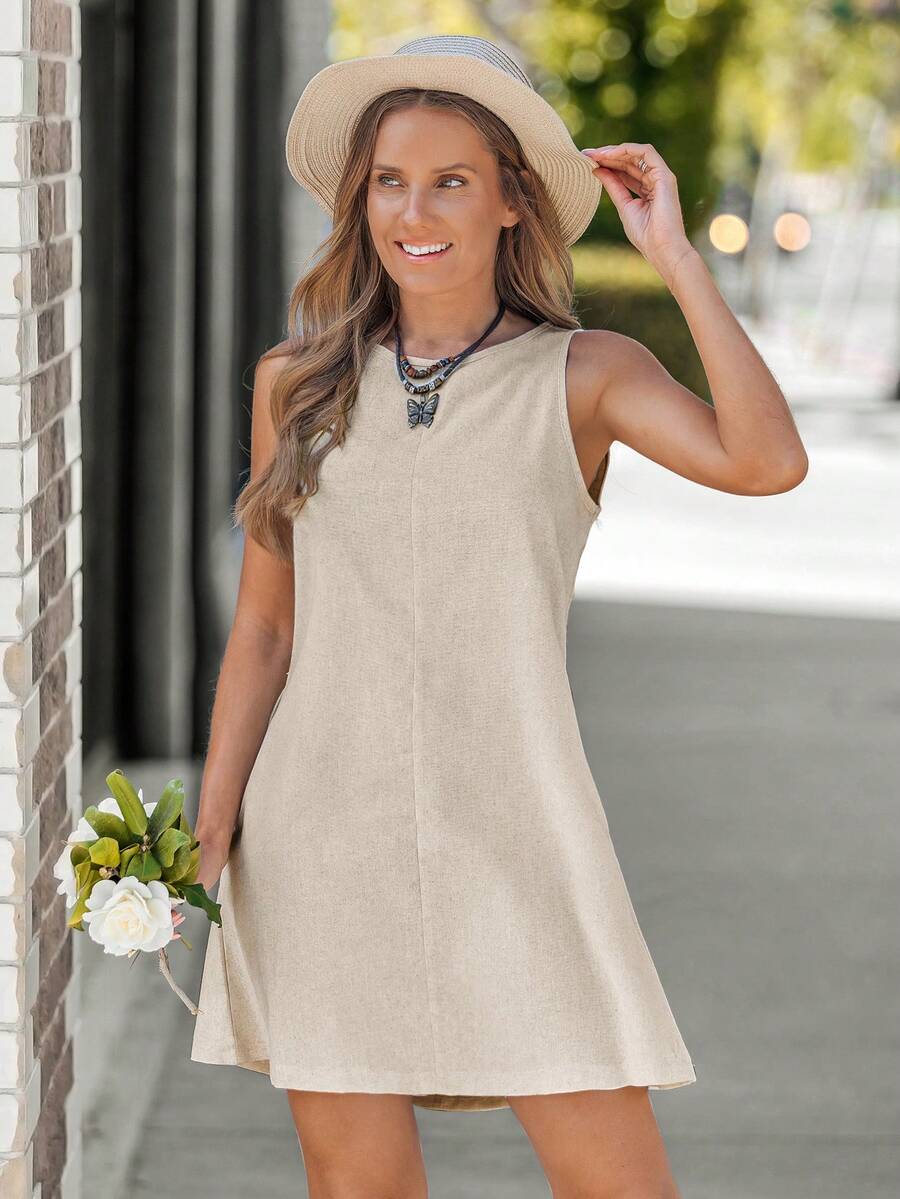 EMERY ROSE 女士休闲亚麻无袖 A 字连衣裙，带绗缝口袋，优雅度假装，女士度假装 - 杏色 - 查看 1
