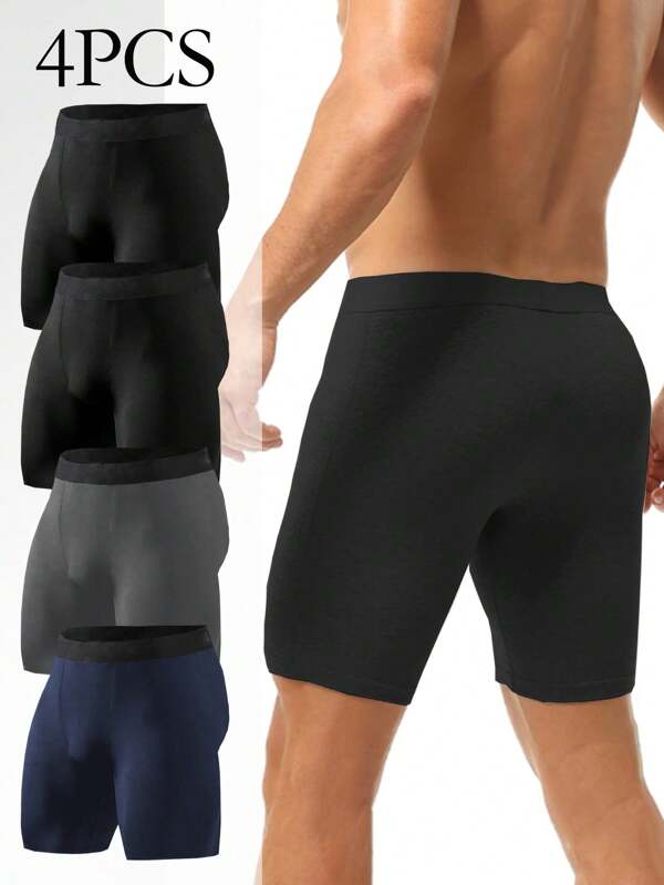 Paquete de 4 calzoncillos largos de unicolor para hombre, shorts de boxeo de alta elasticidad, shorts de boxer versátiles casuales y cómodos, ropa interior diaria casual duradera para hombre, shorts de boxeo de unicolor básico, regalo de moda talla grande, conjunto de lencería, ropa interior para hombre