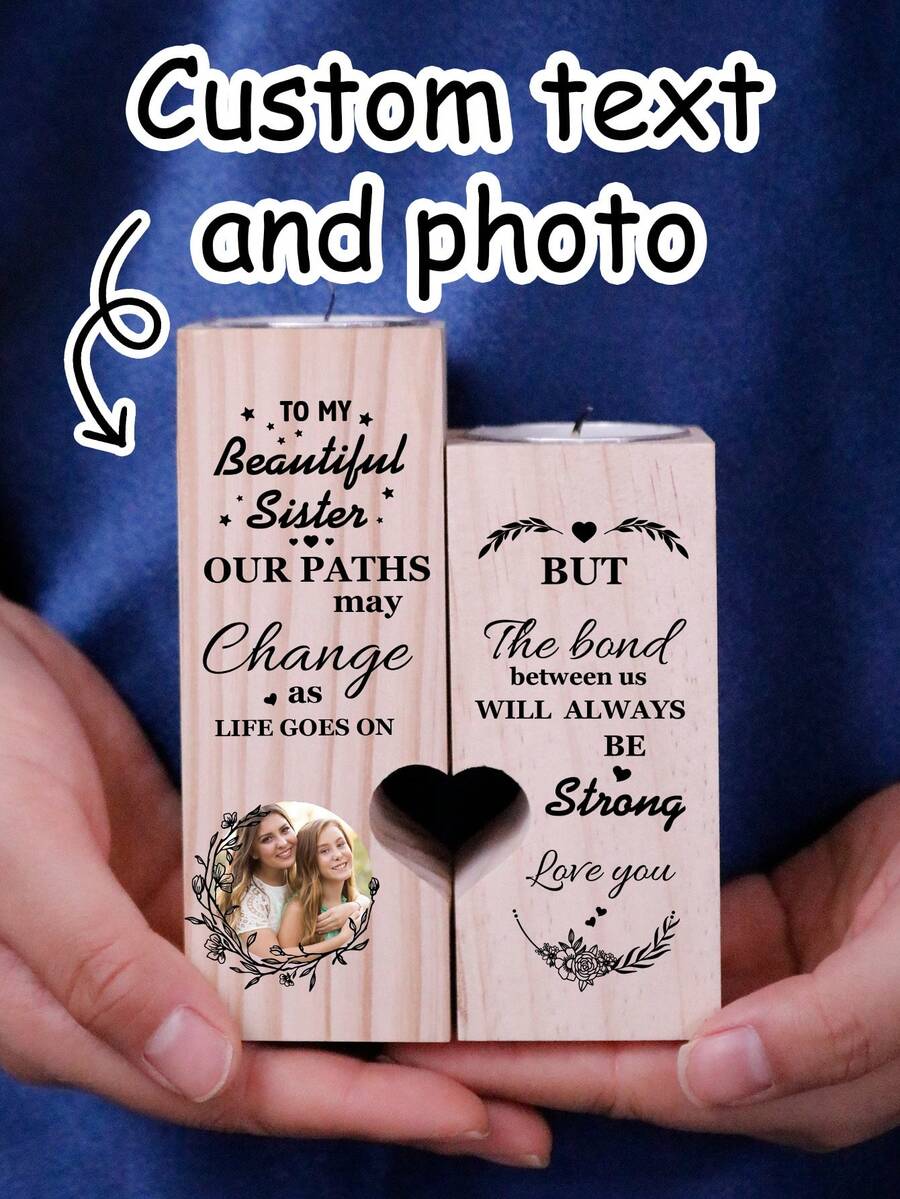 Custom Text And Photo Candlesticks,Personalized Candle Jars,Customized Picture Wooden Heart Shaped Candle Holder,Customizable Wedding Gifts,Valentine's Day Gifts,Birthday Gifts,Anniversary,Parties,Living Rooms,Restaurants,Bedrooms,Schools,Mothers,Fathers,Friends,Lovers,Girlfriends,Bridesmaids Gifts