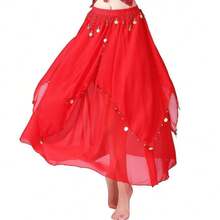 女士舞蹈裙肚皮舞长裙摆层叠裙派对节日服装带硬币开衩裙肚皮舞表演比赛服装