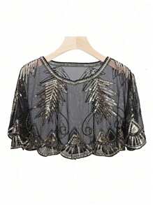 1 peça Poncho formal brilhante feminino com lantejoulas enfeitadas, formato de gota d'água, detalhes de franjas com borlas e contas, acessórios para mulheres, dia dos namorados
