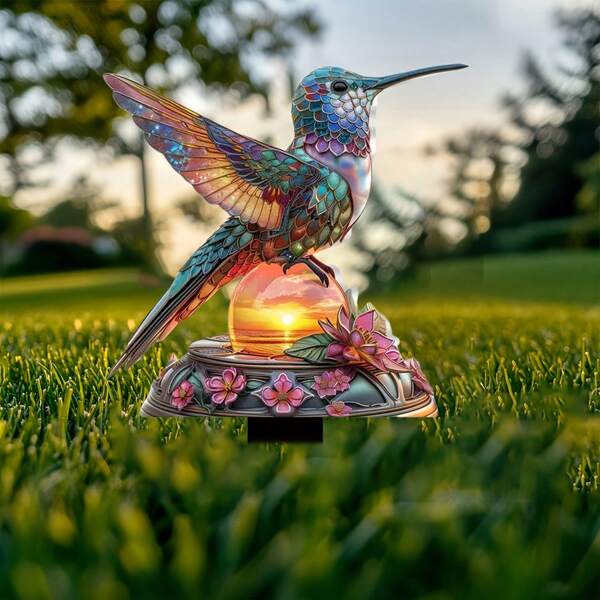 2D Flach, schöne Kolibri Garten Deko Stange, kreatives Acrylschild, wetterfeste kratzfeste Outdoor Dekoration für Hof und Rasen, keine Elektrik benötigt, Ganzjahresgeschenk, 2D Flach