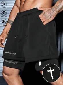 Men's Summer 2 In 1 Straight Sports Shorts, Black Street Graphic Print Breathable Knee-Length Pants