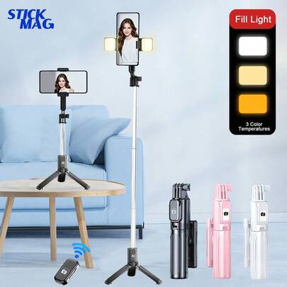 Palo de selfie inalámbrico Bluetooth STICKMAG de 74 cm/29.1" con luz LED de selfie ajustable de 3 velocidades, trípode de acero inoxidable antivibración de 360°, para uso manual o sobre mesa, compatible con iPhone 16/15/14/13/12/11e/Max/Pro/Xs/Xr/X/Plus, Galaxy S25/S24/S23/S22 Ultra y otros teléfonos inteligentes Android