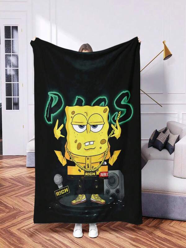 SPONGEBOB 1pc SpongeBob Printed Fleece Blanket - Warm Flannel, Multi-Color Digital Printing, All-Season Tear-Resistant, Machine Washable, Suitable For Sofa, Bed, Office, Camping, Travel, Birthday And Holiday Gifts, Polyester Fiber Filling, Holiday Gift | Vintage Patchwork | Soft Flannel Fabric