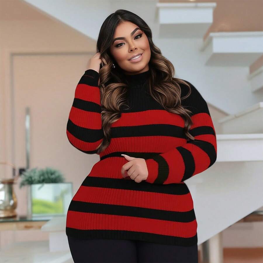 Plus Size Cold Knit Cacharrel Blouse Thick Stripes High Neck Women's - 黑色和紅色 - 查看 1