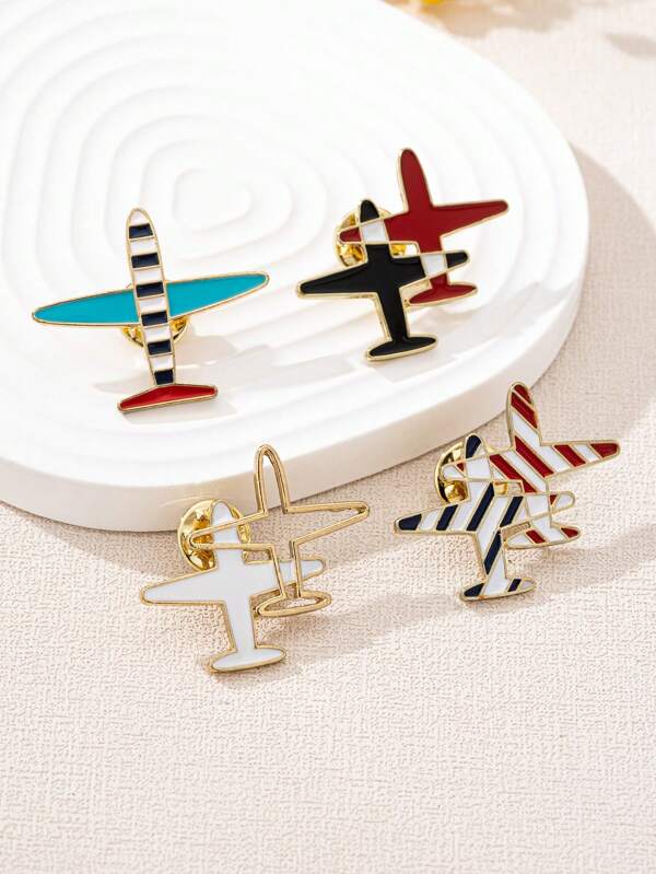 4pcs Enamel Painted Airplane Style Brooch Set, Multi-Use Fashion Accessory Pin Badge Decoration School
