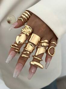 Set de 14/3 piezas de anillos elegantes y retro con textura asimétrica, efecto geométrico y líquido, de banda gruesa y diseño minimalista de metal, adecuados para fiestas, vacaciones, citas, regalos y uso diario
