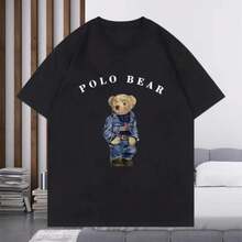 New Cotton Plus Size Casual Teddy Bear Print Couple Short Sleeved Polo Round Neck Casual Versatile Round Neck T-Shirt - 黑色 - 查看 1