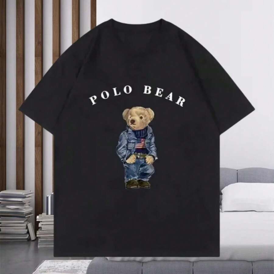 New Cotton Plus Size Casual Teddy Bear Print Couple Short Sleeved Polo Round Neck Casual Versatile Round Neck T-Shirt - 黑色 - 查看 1