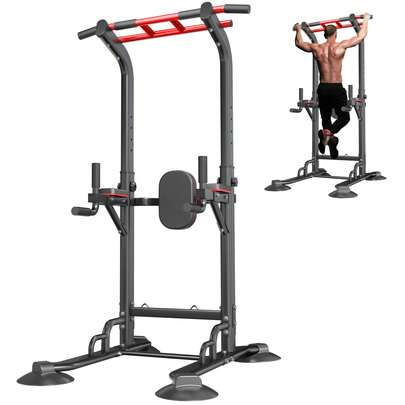 DlandHome Power Tower With Tension Ropes, Pull-Up Bar Station For Home Gym, Squat Station With Backrest, Mmultifunctional Strength Training Station, Height Adjustable, Black
