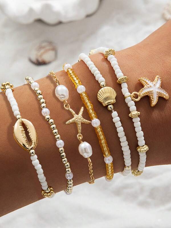 6pcs/Set Bohemian Style Multilayer Beaded Bracelet Set With Starfish Pendant, Fashion Holiday Beach Wrist Jewelry For Women