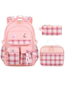 3-Piece Set: Bowknot Girl Backpack, Lunch Box Bag, Pencil Case, Polyester Plaid Pattern, Multi-Pocket, Large Capacity, Student School Backpack With 3 Detachable Badges, Back To School Essentials, Suitable For School And Travel