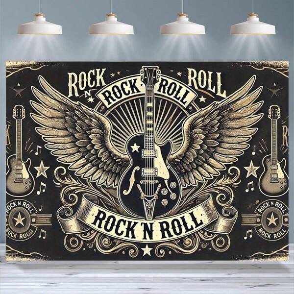 1pc Rock Guitar Birthday Photography Backdrop Vinyl, Studio Props Party Background Tapestry Banner, Indoor Outdoor Decoration, Holiday Birthdays Supplies, 2D