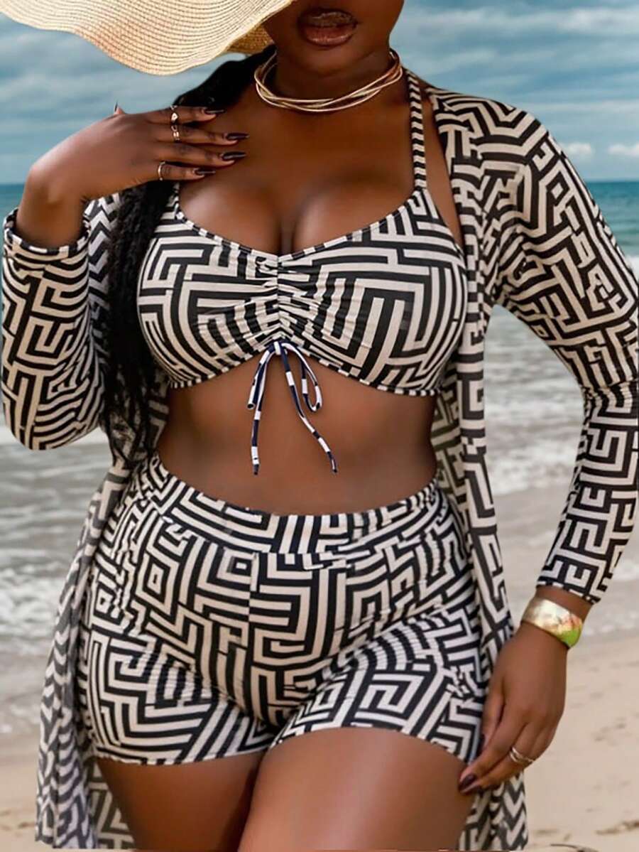 Slaydiva Conjunto de bikini de talla grande de 3 piezas con estampado geométrico all over para playa de verano