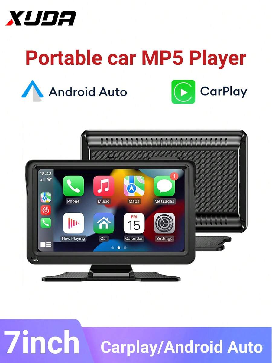 XUDA 2025 新款 7 英寸通用便携式车载多媒体播放器 无线 CarPlay 和无线安卓汽车收音机 触摸屏遮阳板 - 黑色 - 查看 1