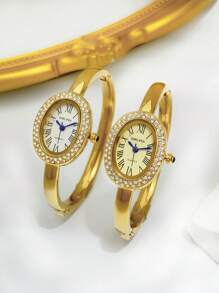1 relógio de pulso, dourado, prateado, com diamantes, luxuoso, de marca requintada, elegante, de aço inoxidável, à prova d'água, adequado para uso diário, para presentes femininos