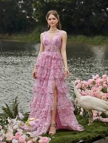 Faeriesty Luxe Elegant Beaded Tulle Evening Gown With Deep V-Neck & Sleeveless Design - Floral Embroidered Formal Dress For Galas, Wedding Banquets & High-End Parties