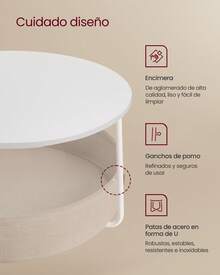 VASAGLE - Mesa de Centro Redonda con Almacenamiento, Mesa Central Redonda para Sala de Estar con Cesta de Tela, Estilo Moderno, Marco de Metal, Blanco Mate y café Camello ULCT244W10 - Blanco - Ver 6