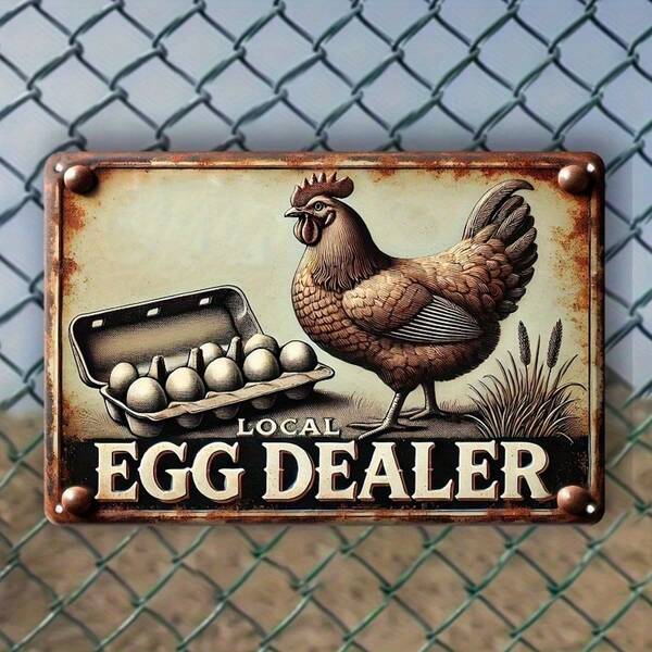 Semn metalic vintage "Local Egg Dealer" - Decor rustic de fermă pentru bucătărie, bar, garaj, pentru peșteră pentru bărbați, artă de perete din fier de 8x12 inch cu ilustrație amuzantă cu pui și ouă, decor cu pui
