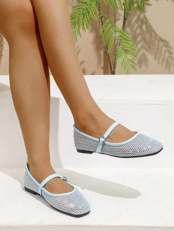 Sandalias de ballet de malla transpirable para mujer, con punta cuadrada, casuales, cómodas y de suela blanda