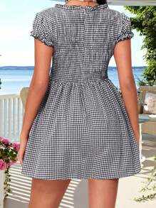 Women Mini Dress Short Sleeve V Neck Plaid Dress Summer A-Line Dress For Daily Party