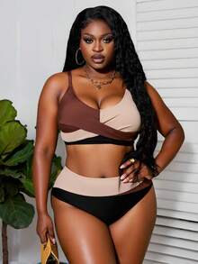 Slaydiva Ensemble de bikini deux pièces à bretelles spaghetti et blocs de couleurs, grande taille pour l'été - Multicolore - Voir 4