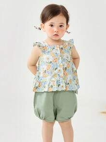 mini bala Girls' Flutter Sleeve Top & Bloomer Set – Breathable & Sweet – Casual Playwear - Yellow-green Hue - View 1