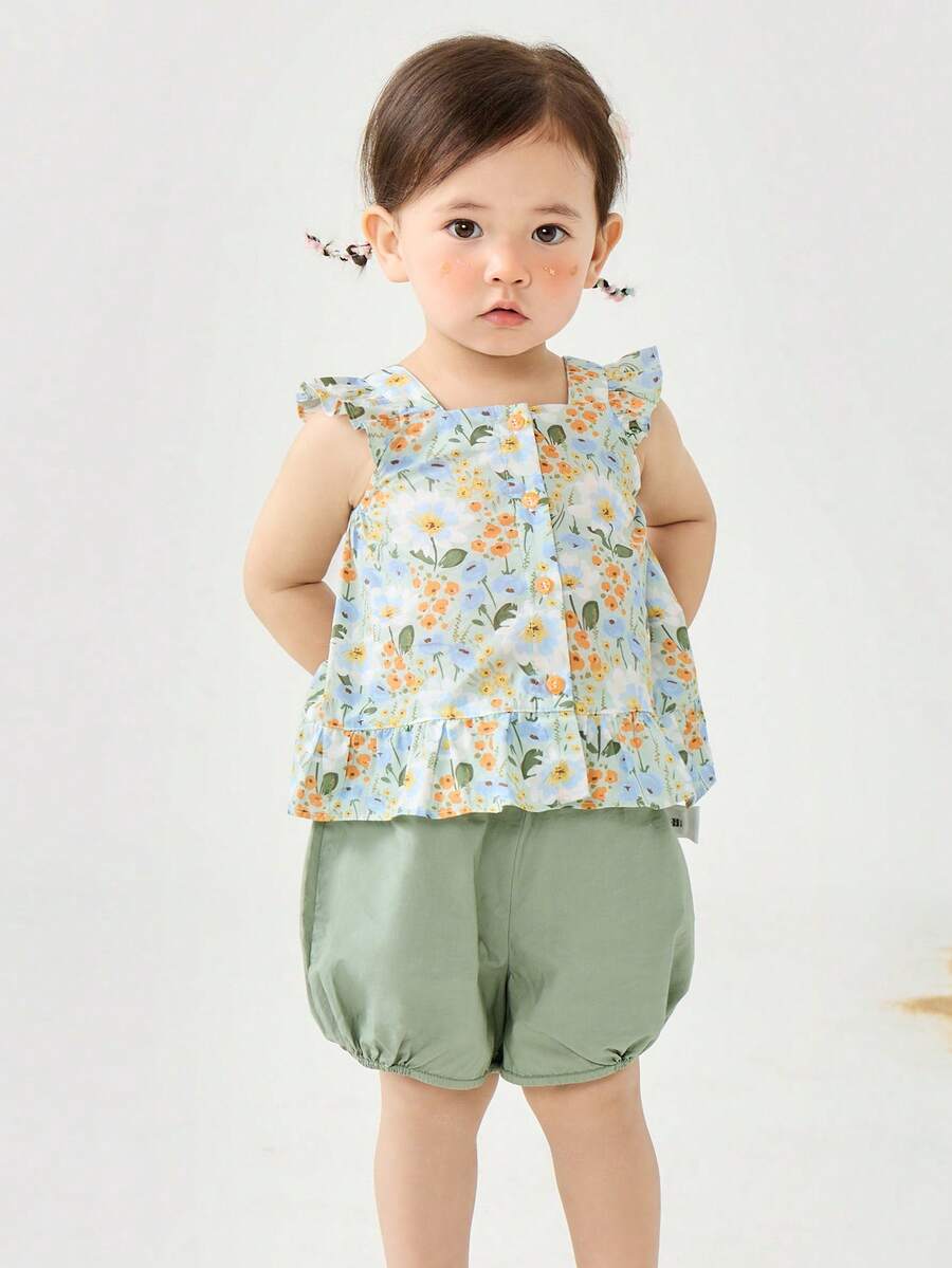 mini bala Girls' Flutter Sleeve Top & Bloomer Set – Breathable & Sweet – Casual Playwear - Yellow-green Hue - View 1