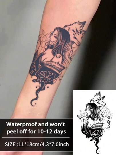 1Pc Fake Tattoo Temporary Tattoos Semi Permanent Tattoo Y2K Wolf Girl Western Pattern Waterproof Sweatproof Last For 1-2 Weeks Realistic Herbal Juice Anti-Friction Non-Reflective Black For Woman And Men Tattoo Stickers For Arm, Chest, Leg, Abdomen, Waist, Finger, Neck, Spine, Modernist Body Art