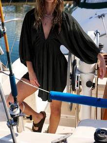 新款时尚性感 V 领泡泡袖女式休闲迷你连衣裙，优雅街头时尚夏季度假波西米亚风和热带太阳裙