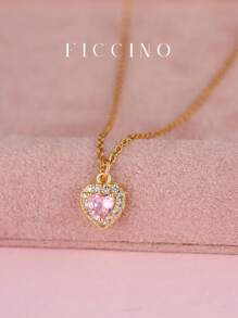FICCINO Zierliches rosa herzförmiges Cubic Zirconia Anhänger Halskette, vergoldete Titan-Stahl O-Kette, niedliches & süßes Geschenk für Mädchen, Freundinnen