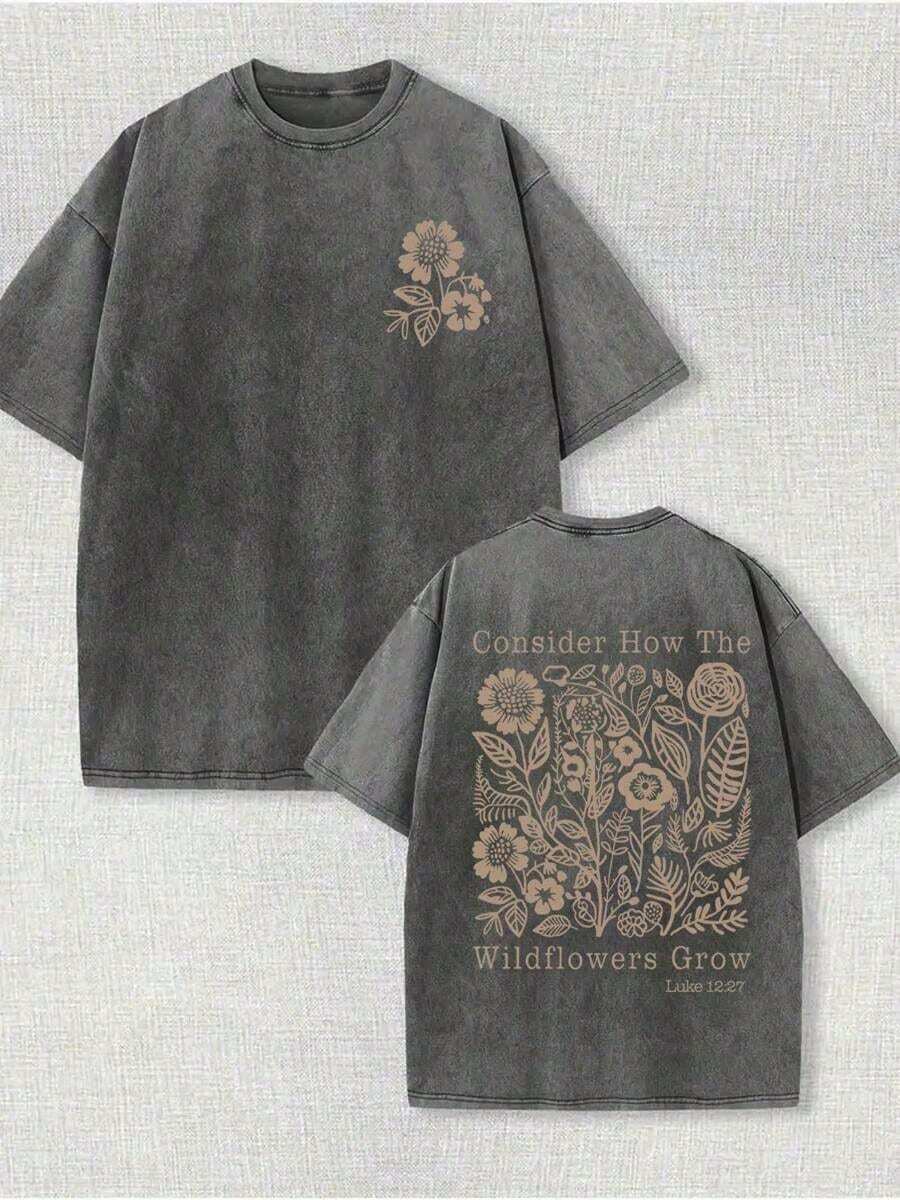 230g Washed, Secret Printed T-Shirt With Fresh Flowers, High-Quality Wax Printed Cotton Retro Fashion Brand T-Shirt, Men's T-Shirt, Beach Essential-61 - 深灰色 - 查看 1