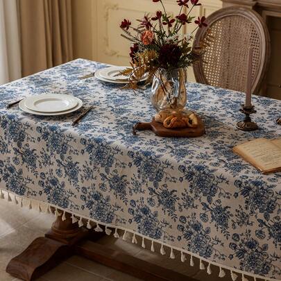 1 chiếc khăn trải bàn tua rua hoa hồng xanh cổ điển phong cách Bohemian, tấm phủ bụi hình chữ nhật cho bàn ăn, bàn cà phê, tủ đầu giường, thích hợp cho trang trại, nhà bếp, phòng ăn, phòng khách, tiệc tùng, dã ngoại, cắm trại, tiệc nướng, ngày lễ, đám cưới, trang trí nhà cửa, mùa xuân/hè