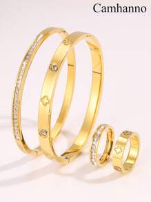 4 Peças Conjunto de Pulseiras e Anéis de Aço Inoxidável Moda Criativa, Para Família, Ente Querido, Presentes de Feriado, Presentes de Natal, Presentes de Aniversário