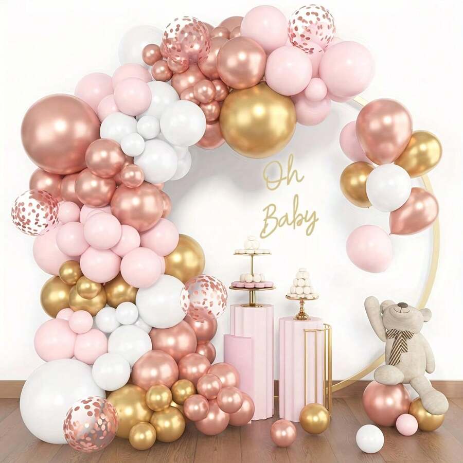 115pcs Rose Gold Balloon Arch & Garland Kit, Assorted Sizes 18" 12" 10" 5" Pink White Gold Metallic Latex Balloons For Graduation, Birthday, Bridal, Baby Shower, Party Decor - Mixed Colors - View 1