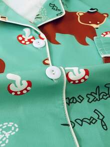 Set de 3 piezas de pijama casual de mujer con mangas cortas, que incluye shorts y pantalones largos, manga corta con cuello y botones, cómodo y holgado, adecuado para usar en casa en todas las estaciones - Verde - Ver 4