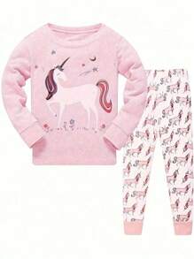 2pcs Young Girl Round Neck Unicorn Cartoon Printed Long Sleeve Top And Pants Homewear Set Pajama Set, Four Seasons