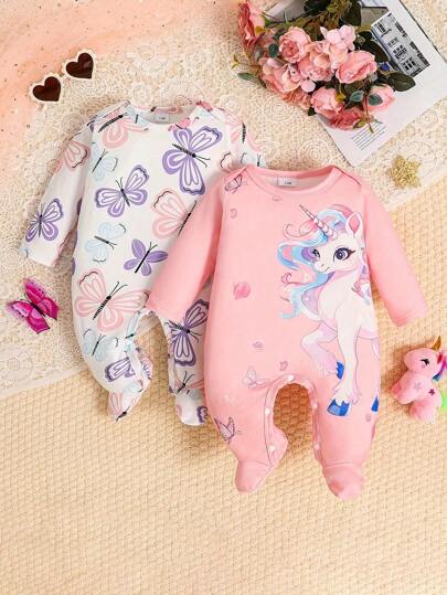 2pcs/Set Cute Butterfly And Pony Pattern Baby Newborn Romper