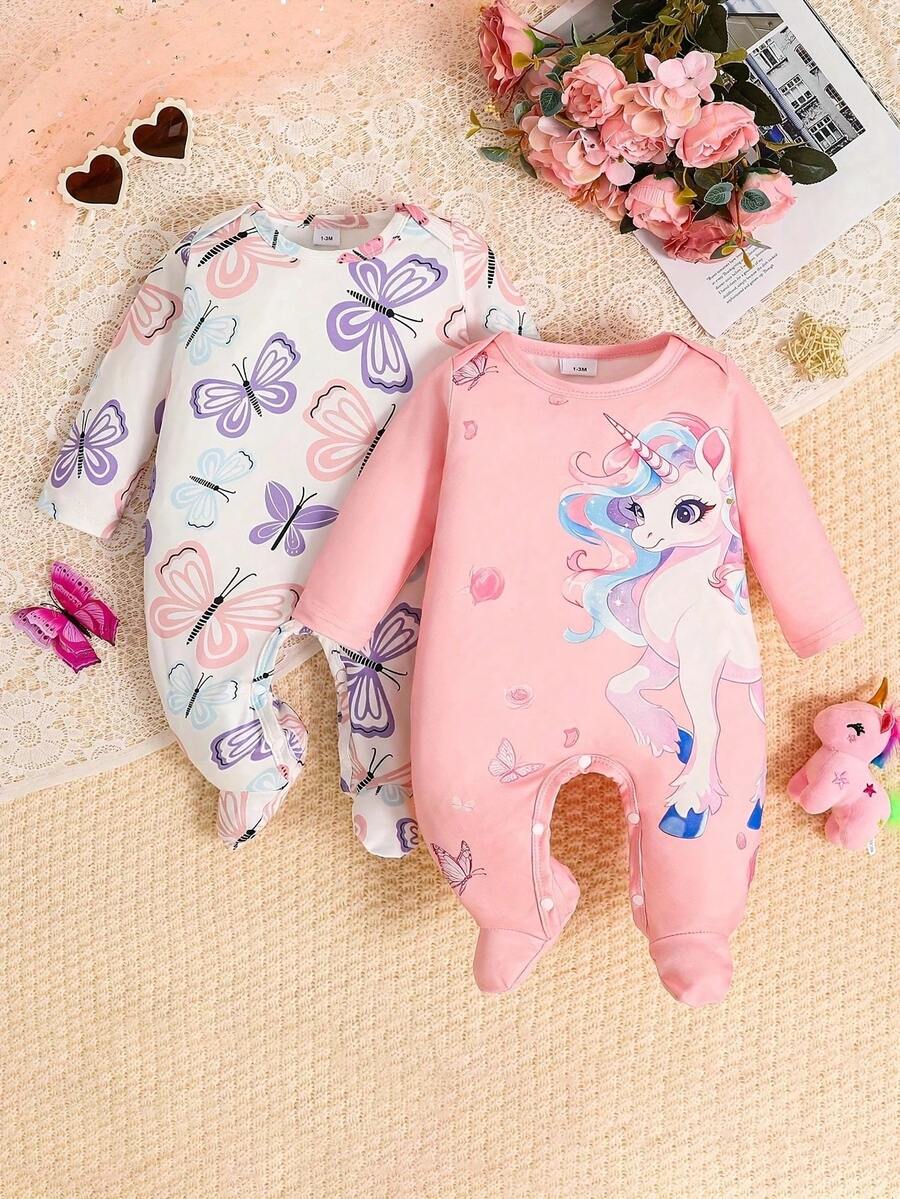 2件套可爱蝴蝶小马图案婴儿新生儿连体衣 - 粉色 - 查看 1