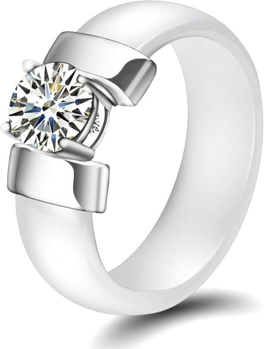 6mm White/Black Ceramic Rings Plus Cubic Zirconia For Women Comfort Fit Engagement Wedding Band Size 5-122025 - White & Silver - View 1