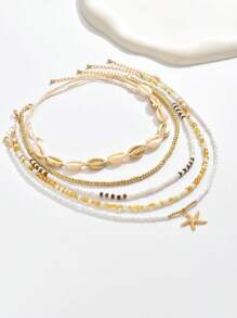 5pcs/Set Bohemian Style Random Color Glass Bead, Shell, Starfish Pendant Layered Necklace Set, Suitable For Beach Party, Vacation