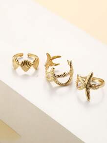 Set de 3 anillos abiertos de estilo vacacional con estrella de mar y conchas, inspirados en el océano y la playa, para fiesta y regalo