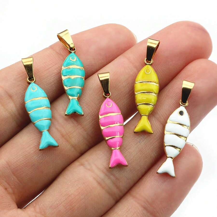 2pcs 28x7mm Stainless Steel Enamel Fish Charms Pendant With Pinch Clasp DIY Necklace Jewelry Making Accessories Findings - Fish - View 1