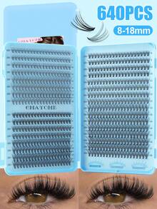 640件DIY睫毛延长套装 - 混合长度10-16毫米，包含10D、20D、30D、40D、50D簇状睫毛、猫眼睫毛、Cosplay睫毛、俄罗斯卷睫毛、自然睫毛、浓密睫毛和夸张睫毛等款式，含粘合剂和密封胶、镊子，适合初学者使用，厚度0.07毫米，D型卷翘，适合家庭使用。睫毛簇状套装，睫毛，假睫毛
