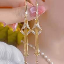Elegant Crystal Tassel Earrings, Zinc Alloy Long Drop Earrings With Synthetic Diamonds, Brass Ear Pins, Suitable For Women 14 Years Old And Above - 金色 - 查看 1