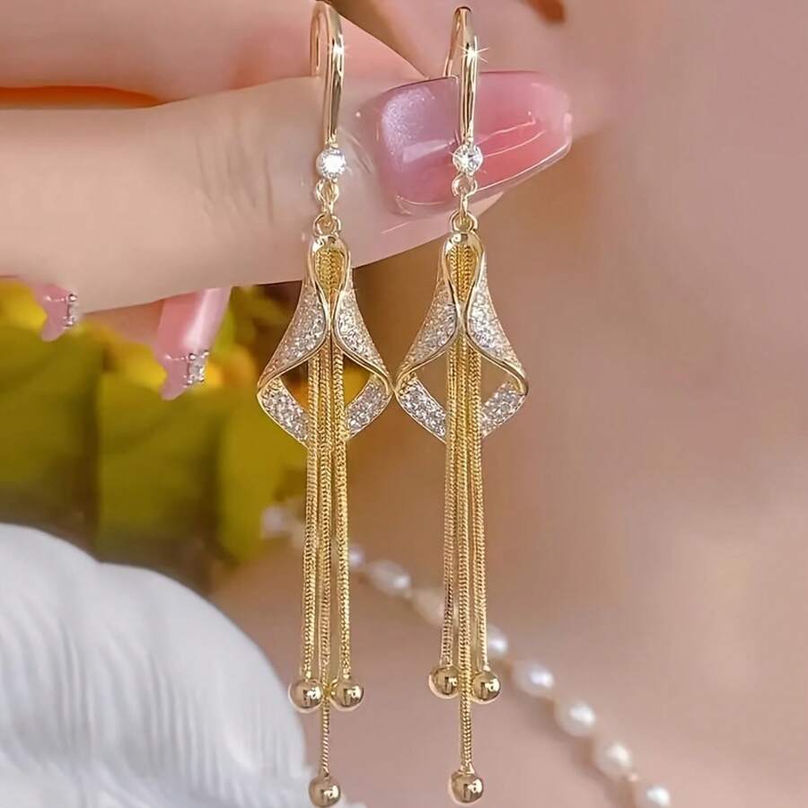 Elegant Crystal Tassel Earrings, Zinc Alloy Long Drop Earrings With Synthetic Diamonds, Brass Ear Pins, Suitable For Women 14 Years Old And Above - 金色 - 查看 1