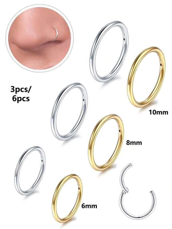 6PCS Dual-Purpose Nose Ring & Earring Set In Gold & Silver, Stainless Steel, 6/8/10mm Sizes - Everyday Versatile Fashion Jewelry Sets For Women, Perfect For Casual Wear And Any Occasion